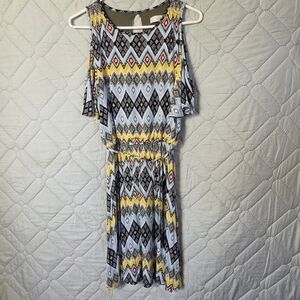 Ann Taylor Loft Multi Color Geometric Cold Shoulder Dress Sz XS Boho Blue Yellow